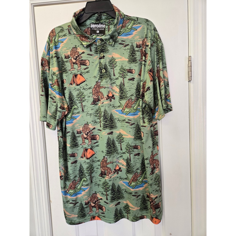 Aeroline Fitness Gear Mens XL Bigfoot Camping Polo Shirt Sasquatch Green Stretch